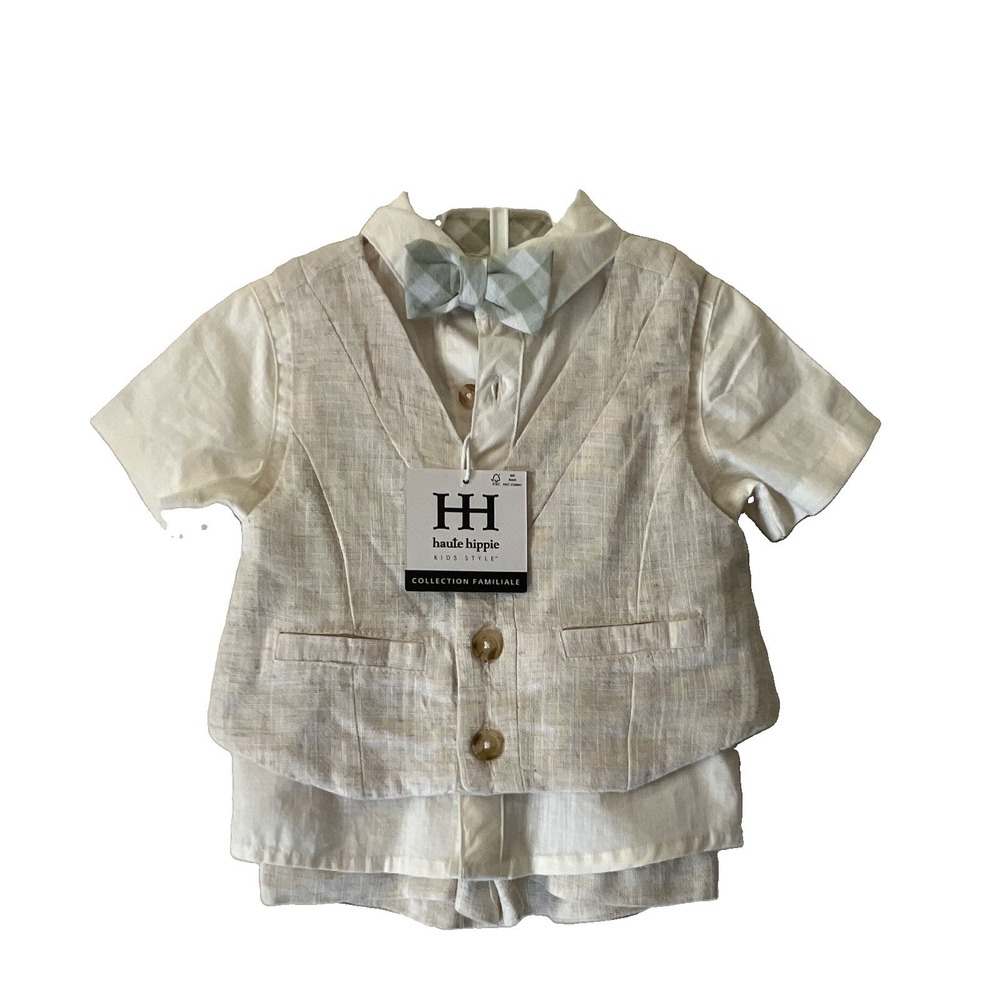 Haute Hippie Kids Style 0-3M Linen 4pc Shorts Suit Set Wedding Party Beige